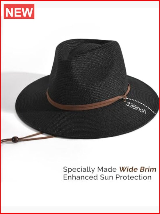 Straw Wide Brim Panama Fedora Sun Hat with UPF 80+ and Wind Lanyard